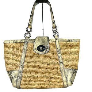 Coach Hamptons Tote Shoulder Hand Bag Python Snake Straw diamond Turn-lock Woven